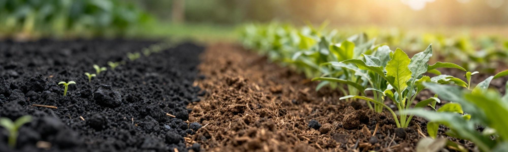 Cultivo agrícola con suelo enriquecido con biochar (biocarbón) frente a suelo convencional, mostrando el crecimiento de las plantas y el potencial del biochar para mejorar la fertilidad del suelo, la salud de los cultivos y la agricultura sostenible.