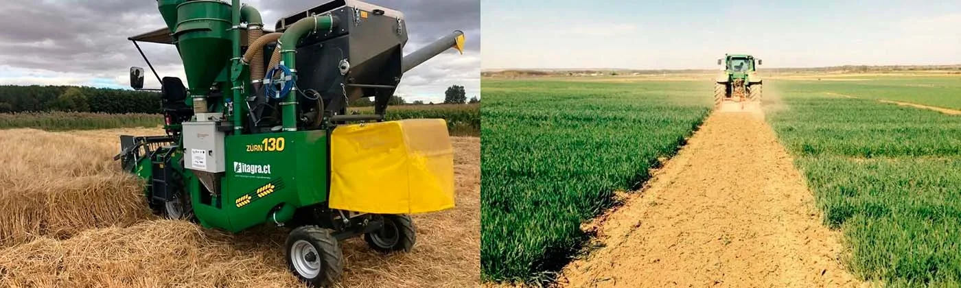 Equipamiento especializado de ITAGRA.CT para el desarrollo de ensayos agronómicos en parcelas experimentales de cereal. La imagen muestra la aplicación de tratamientos con tractor y la cosecha mediante cosechadora de microparcelas, fases esenciales para evaluar variedades, fertilizantes, fitosanitarios y nuevas técnicas de cultivo con precisión científica y en condiciones reales de campo.