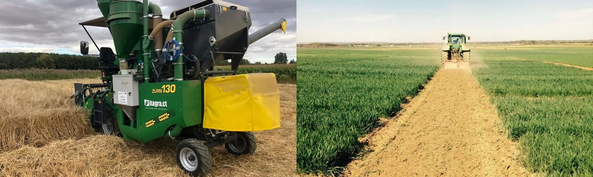 Equipamiento especializado de ITAGRA.CT para el desarrollo de ensayos agronómicos en parcelas experimentales de cereal. La imagen muestra la aplicación de tratamientos con tractor y la cosecha mediante cosechadora de microparcelas, fases esenciales para evaluar variedades, fertilizantes, fitosanitarios y nuevas técnicas de cultivo con precisión científica y en condiciones reales de campo.