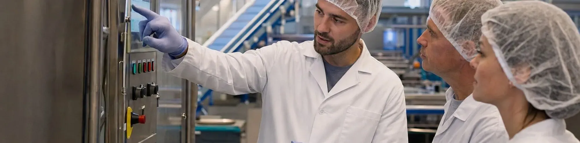 Equipo técnico supervisando el funcionamiento de maquinaria en una instalación de procesamiento de la industria agroalimentaria.