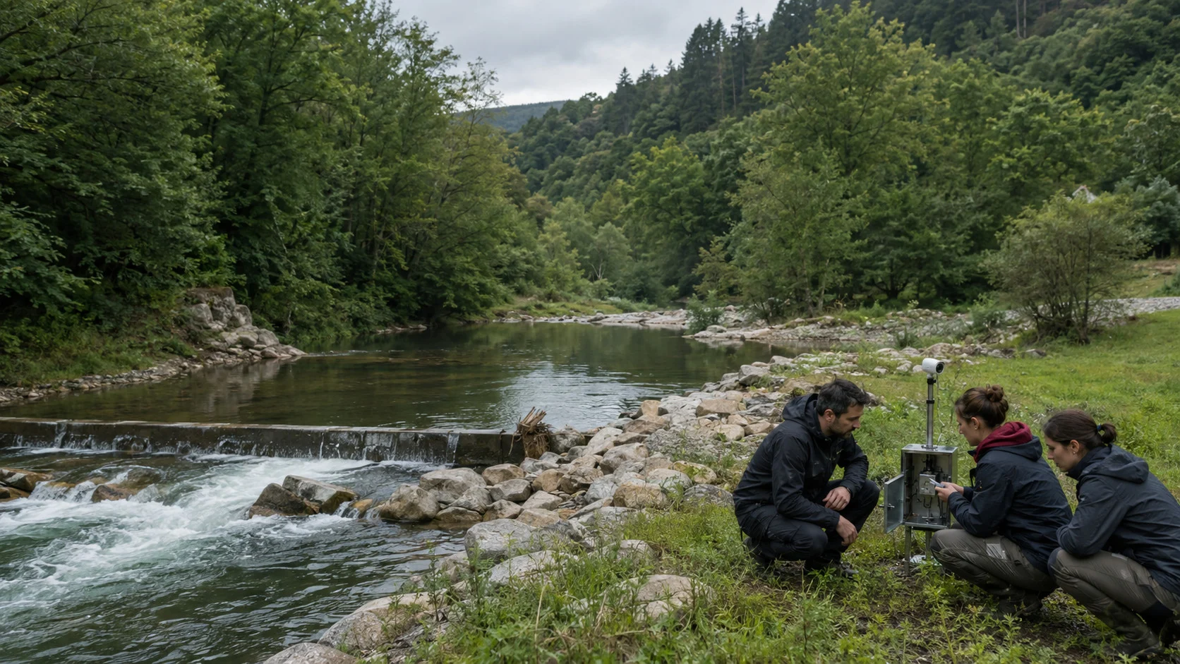 Equipo técnico realizando la monitorización de un río con instrumentación especializada para estudiar las condiciones hidráulicas y el ecosistema fluvial.