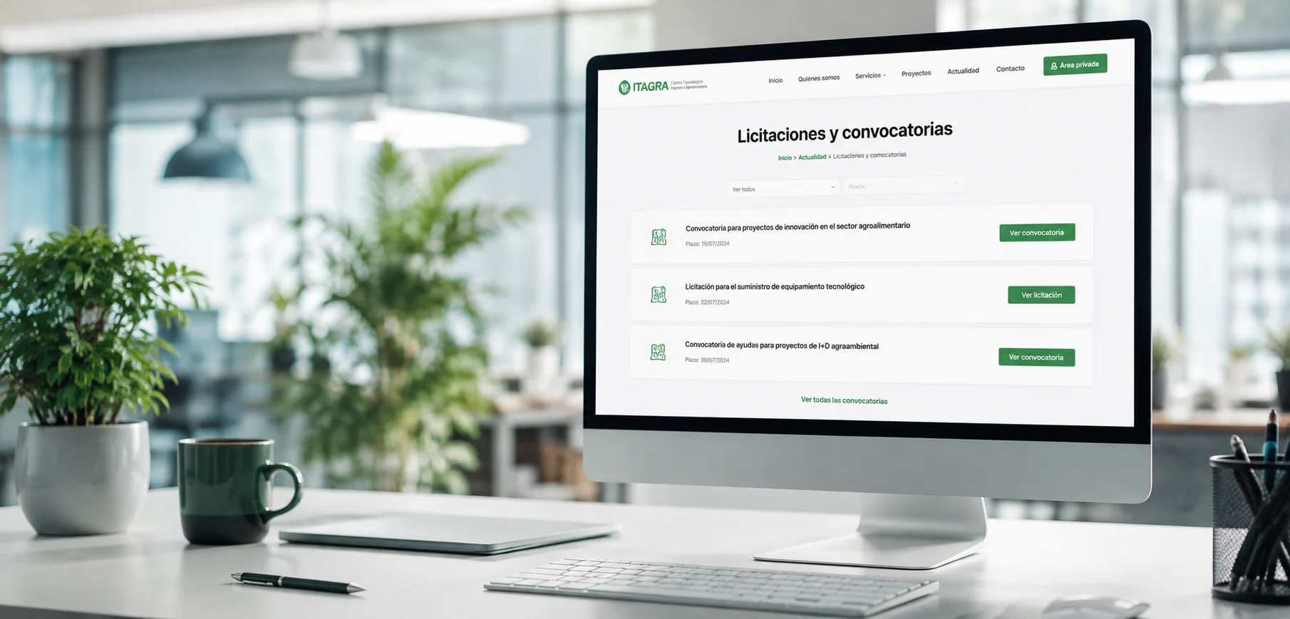 Página web de ITAGRA.CT con información sobre licitaciones, convocatorias, ayudas y oportunidades para proyectos de innovación agraria y agroalimentaria.