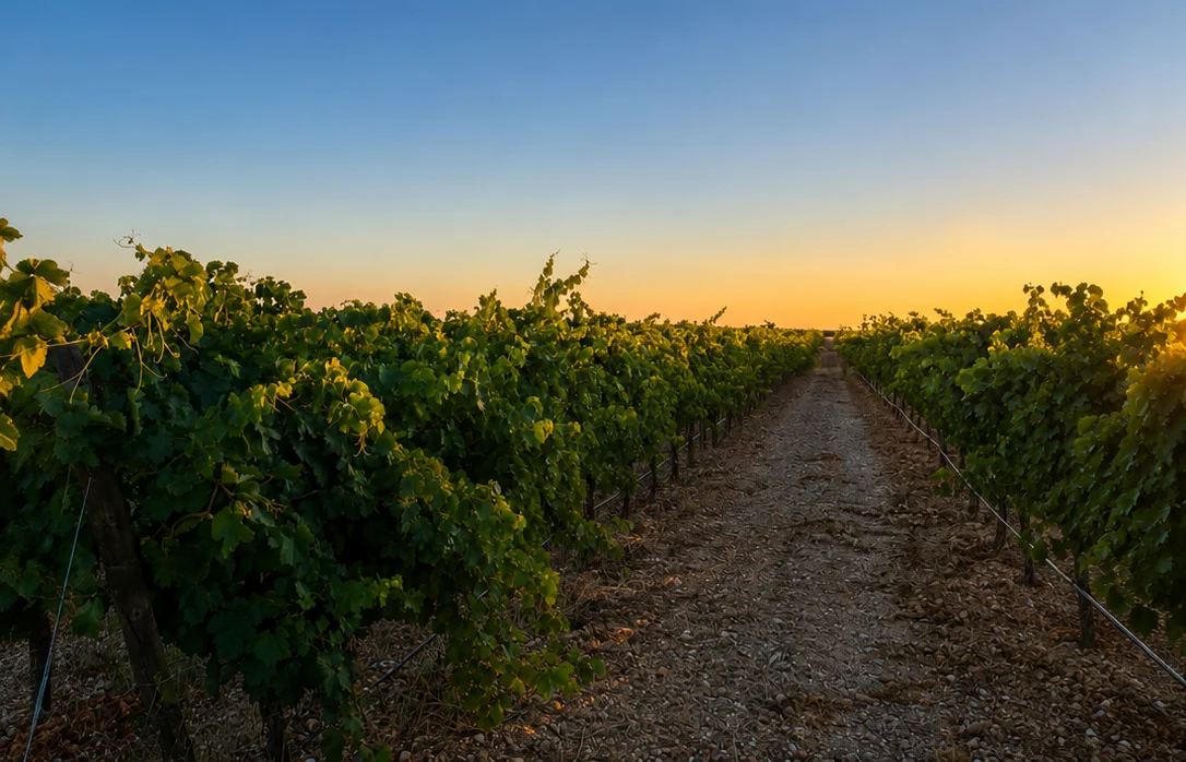 Viñedo con hileras de vides al atardecer en un paisaje agrícola dedicado al cultivo de la uva.